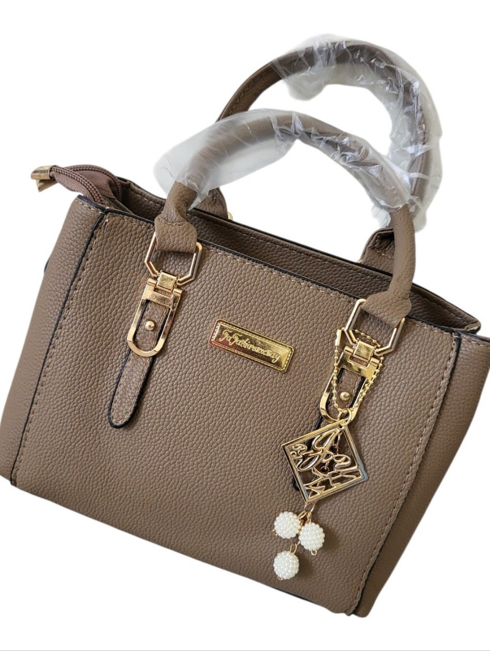 Taupe Structured Satchel Handbag with Gold Hardware